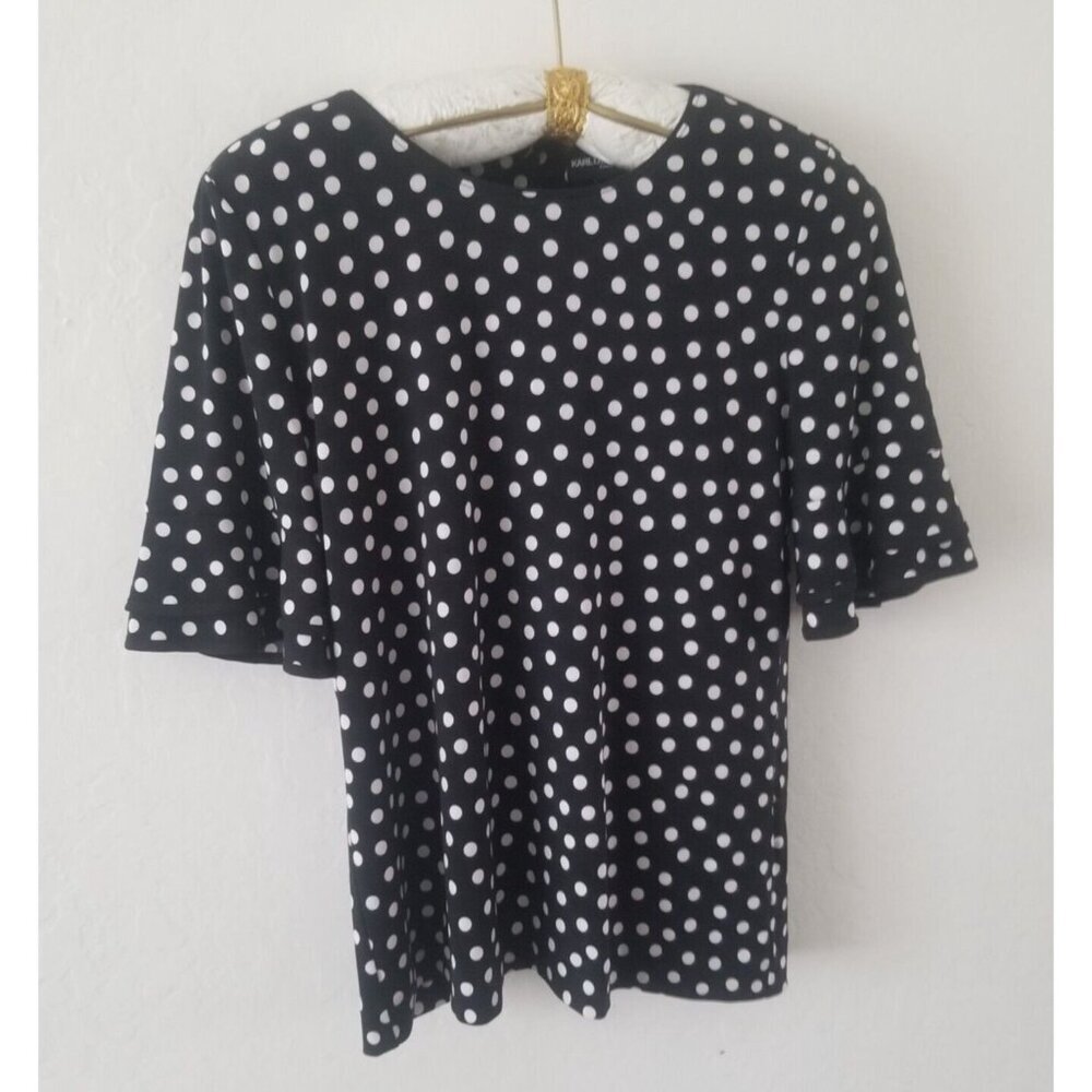 Karl Lagerfeld Womens Scoop Neck Ruffle Sleeve Top Small Black White Polka Dot